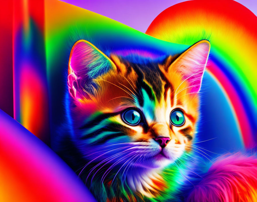 Whimsical cat in neon hues on psychedelic backdrop