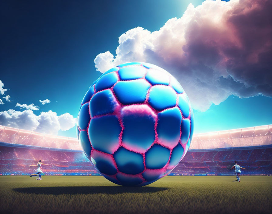 Giant blue soccer ball in stadium with players under dramatic sky