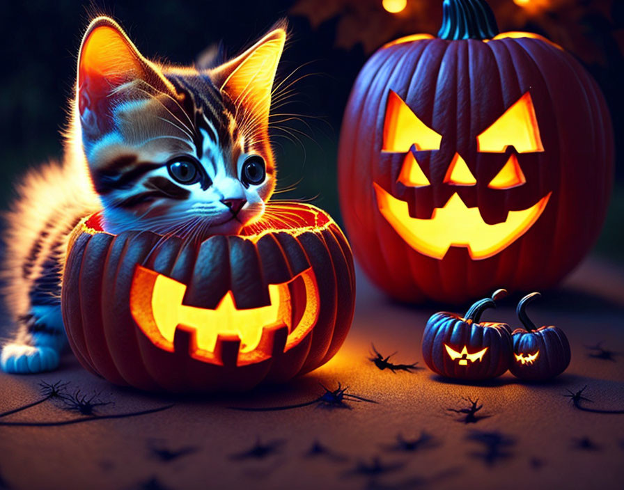 Kitten next to illuminated carved pumpkins with Halloween bats and twilight ambiance