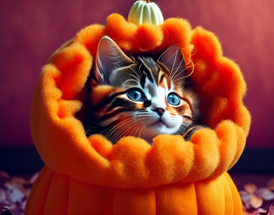 Tabby kitten with blue eyes in plush pumpkin on autumn background