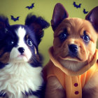 Two cute kittens in bat-themed costumes against a whimsical Halloween backdrop