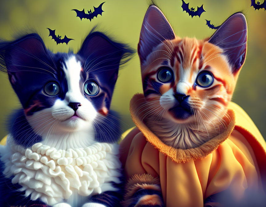 Two cute kittens in bat-themed costumes against a whimsical Halloween backdrop