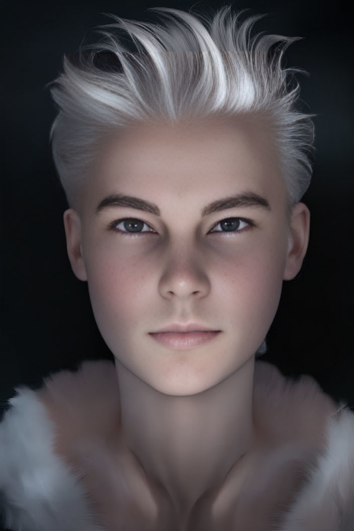 Platinum blonde person in white garment on dark background