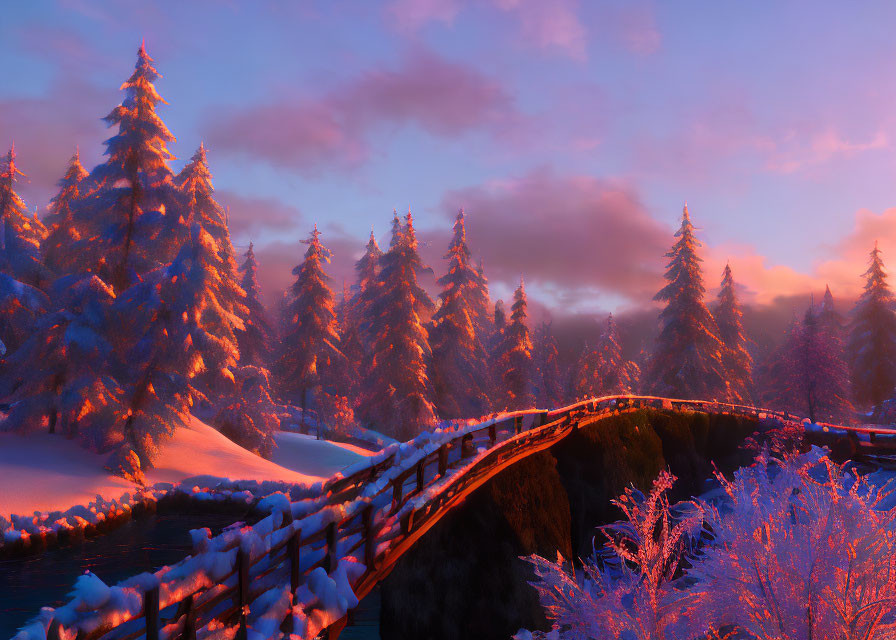 Sunset scene: Snow-covered pine trees and wooden bridge in serene winter landscape.