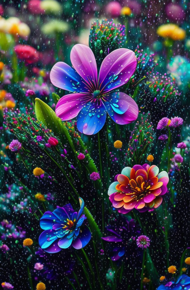 Colorful neon flower digital art in lush garden setting