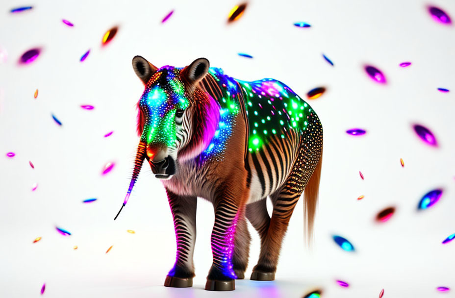 Vivid neon zebra art with floating petals