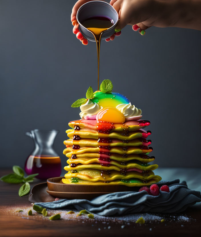 Colorful Pancakes with Syrup, Berries, Mint, and Cream on Dark Background