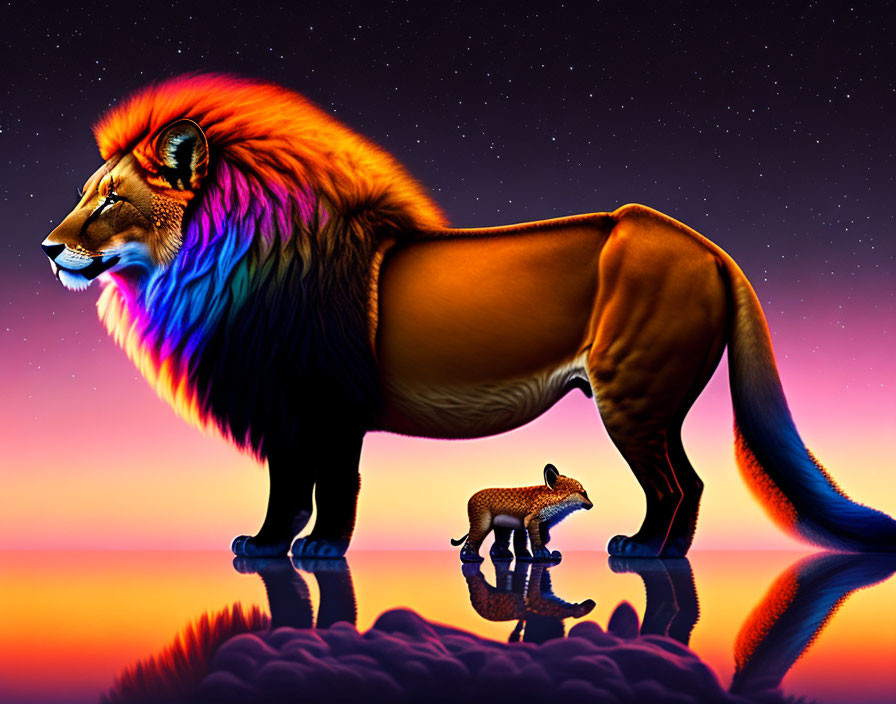 Vibrant multicolored lion with miniature version at sunset