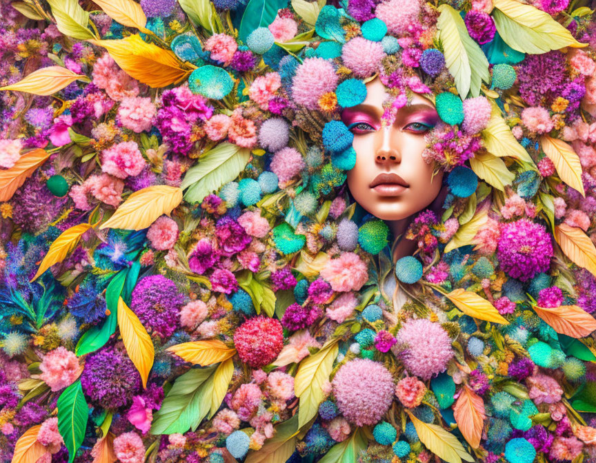 Colorful female face surrounded by flowers and leaves art piece