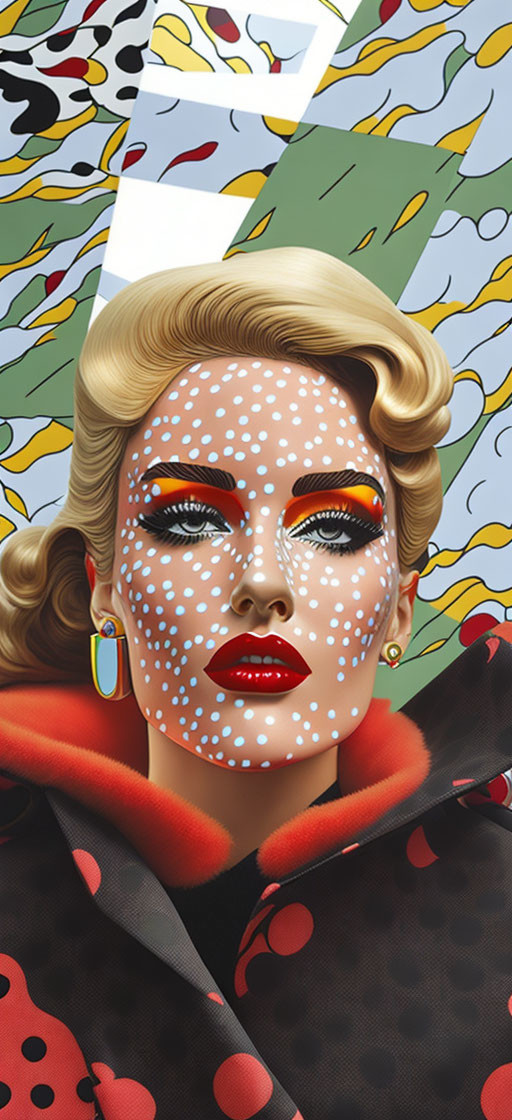 Stylized illustration of woman in red & white polka-dot makeup & attire