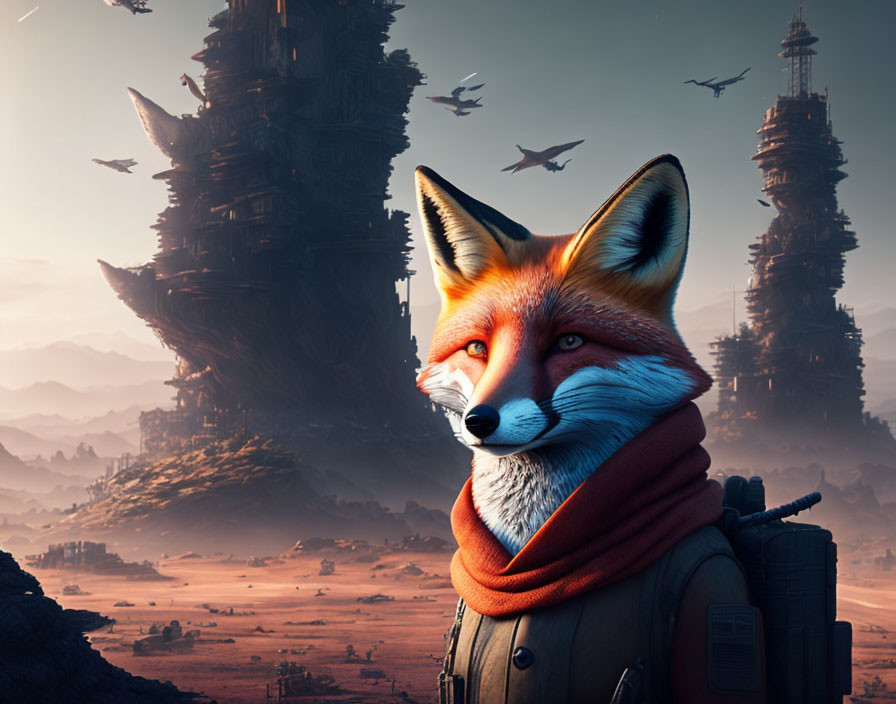 Anthropomorphic fox in desert landscape with futuristic structures