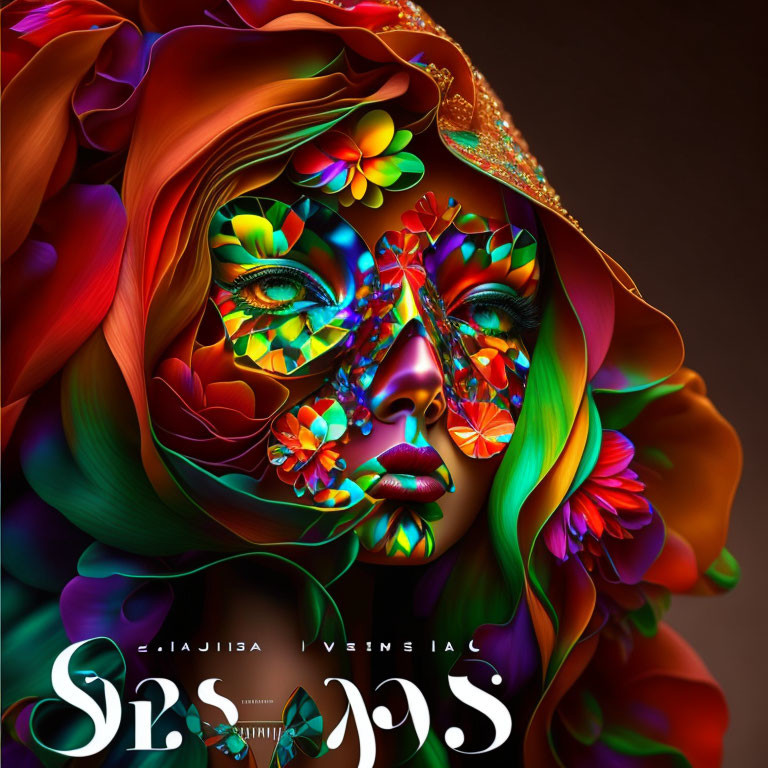 Vibrant digital artwork: Woman's face with floral patterns and kaleidoscopic textures.