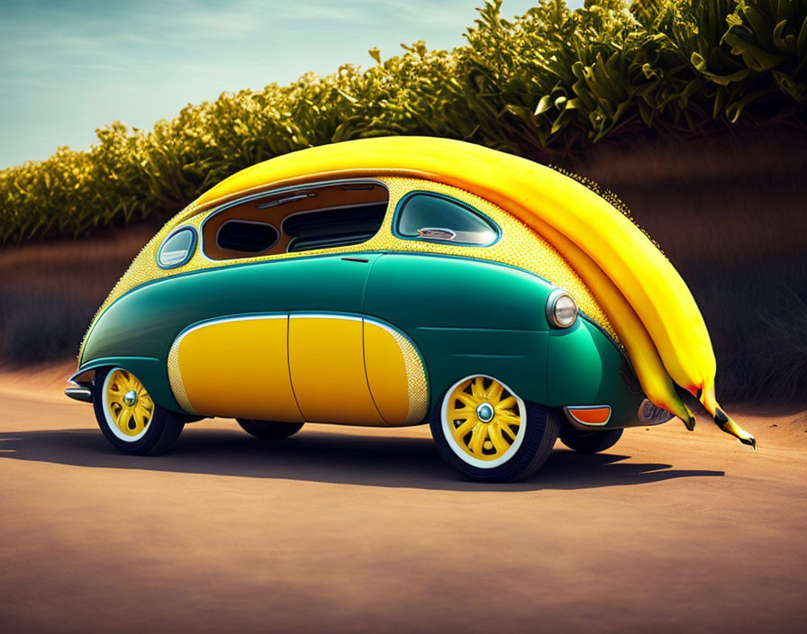 Banana-themed car parked in rural setting with yellow and green design