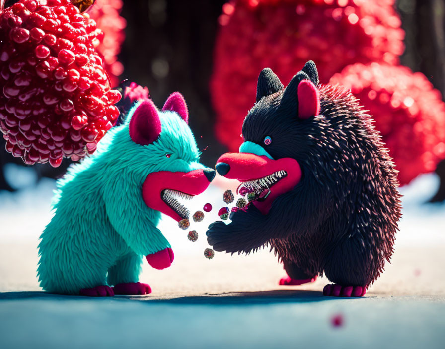 Colorful Toy Hedgehog Creatures Playing with Bubbles and Red Spheres