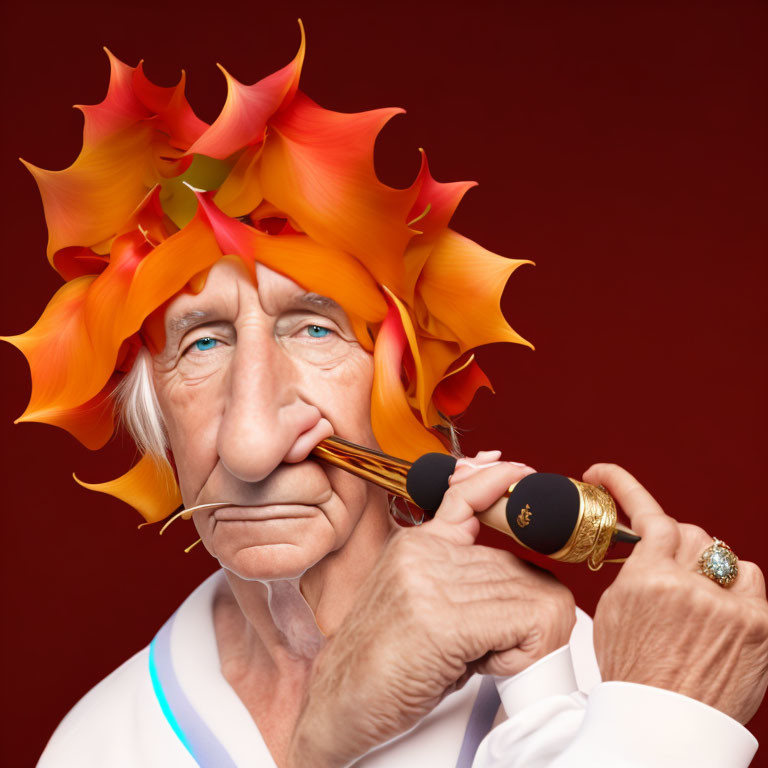 Elderly person with blue eyes in leafy headdress and microphone on red background