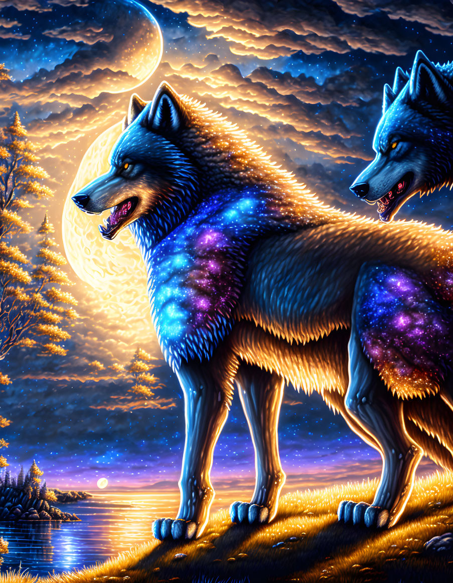 Cosmic Wolves by Lake Under Starry Sky and Full Moon