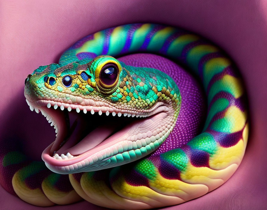 Colorful Rainbow Snake with Multiple Blue Eyes on Pink Background