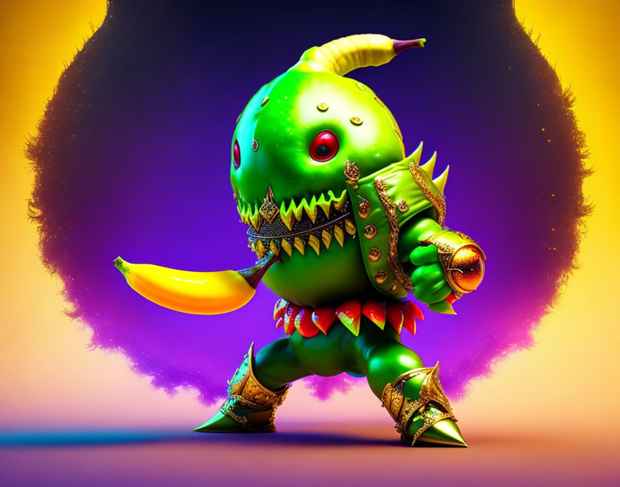 Colorful fantasy creature with green body, banana-like appendages, spikes, and golden armor on purple