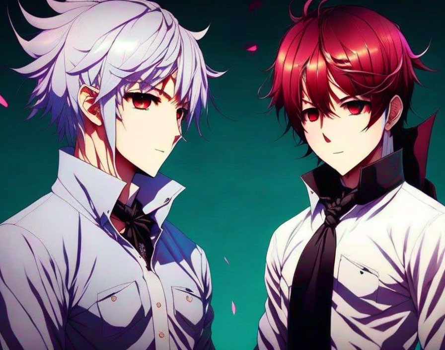 Anime-style male characters with silver and red hair in black ties and white shirts on green background with pink