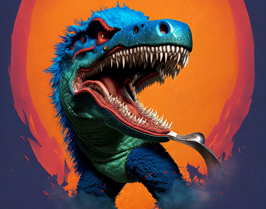 Colorful digital artwork: Blue and green dinosaur roaring with orange sun circle.