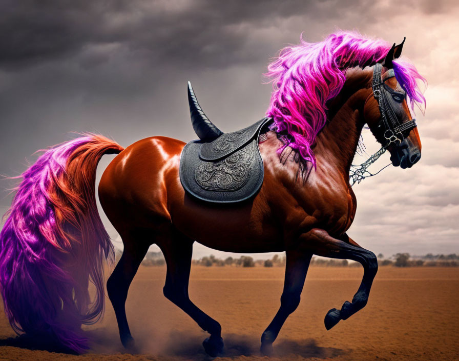 Chestnut horse with purple mane galloping under dramatic sky