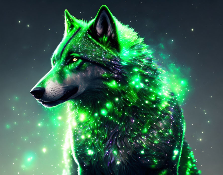 Wolf digital art: green starry fur against dark backdrop