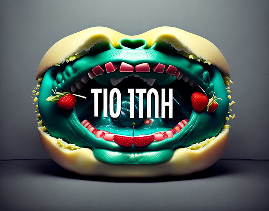 Surreal mouth image with inverted text, strawberries, pills, and chili pepper