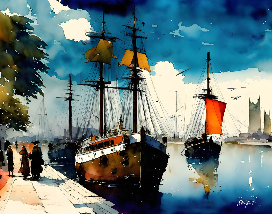 Vibrant watercolor painting of bustling harbor with sailboats and orange sails