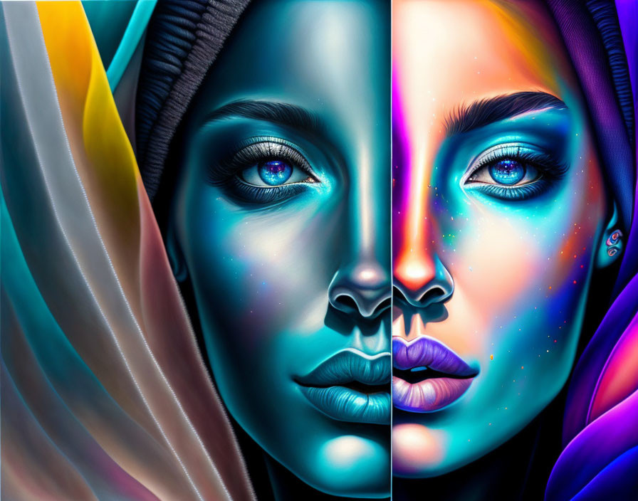 Colorful Digital Painting: Woman's Face Split in Two Halves