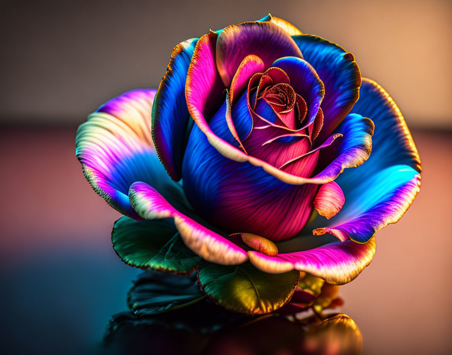 Multicolored rose with blue, purple, gold, and pink hues reflected on glossy surface