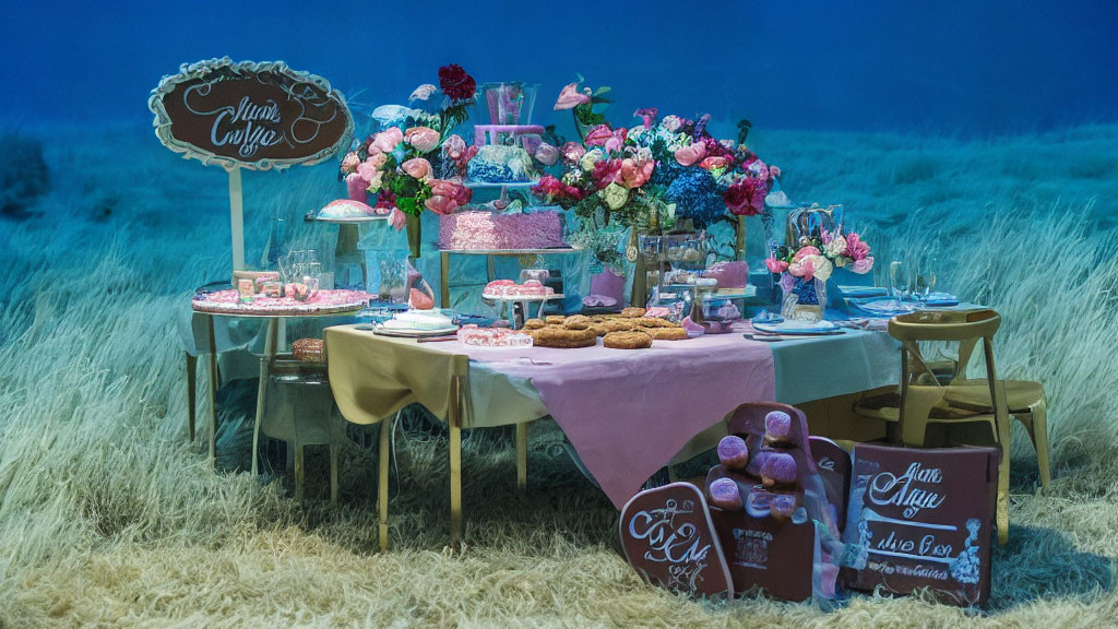 Table with desserts and flowers at Julie's Cafe on blue backdrop with wheat-like floor