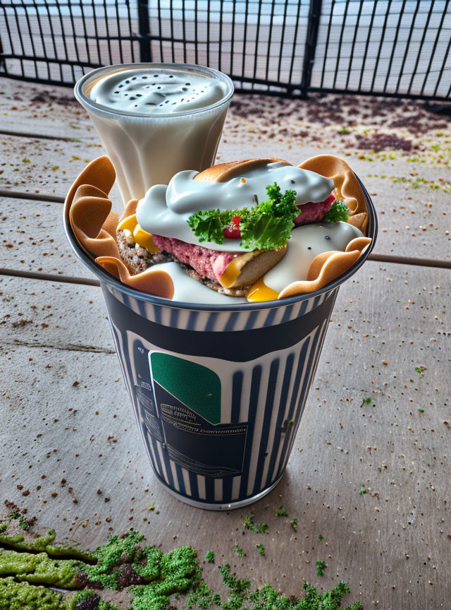 Assorted ice cream flavors in waffle cone with toppings, served in blue-striped cup on textured surface