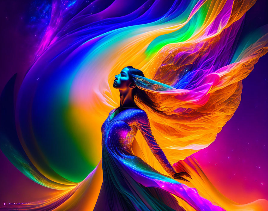 Vibrant woman with flowing hair in cosmic background