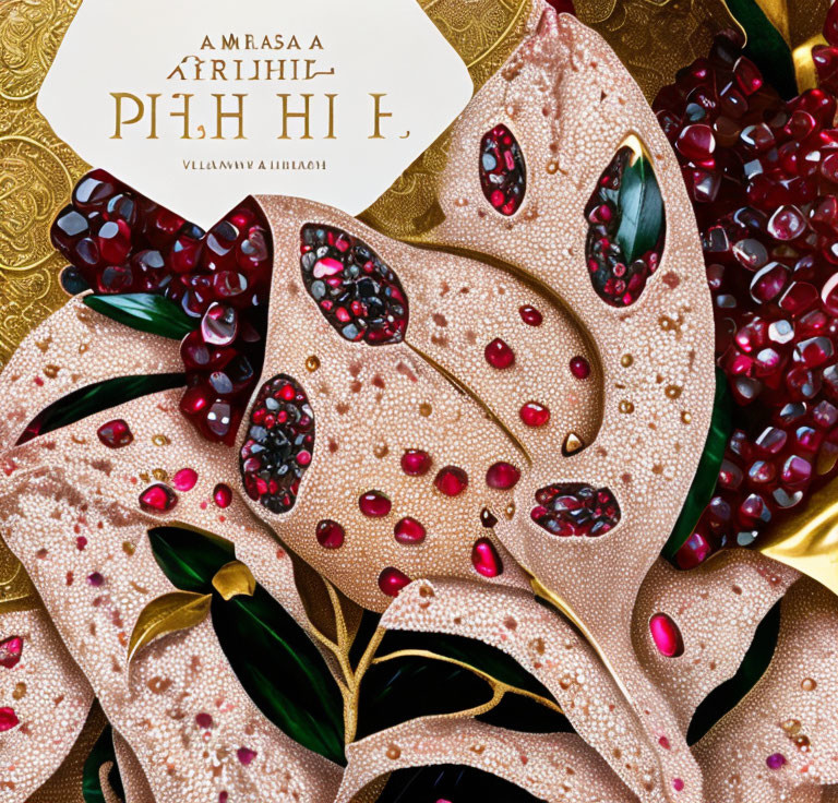 Intricate ornate design with jeweled embellishments and pomegranate seeds for luxury branding