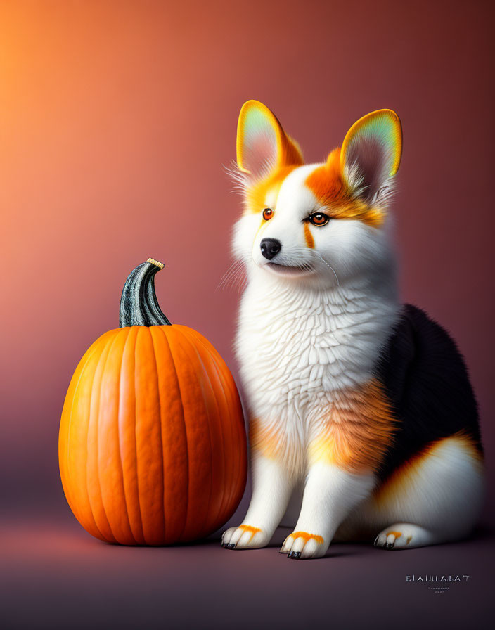 Fluffy corgi sitting near large pumpkin on orange background