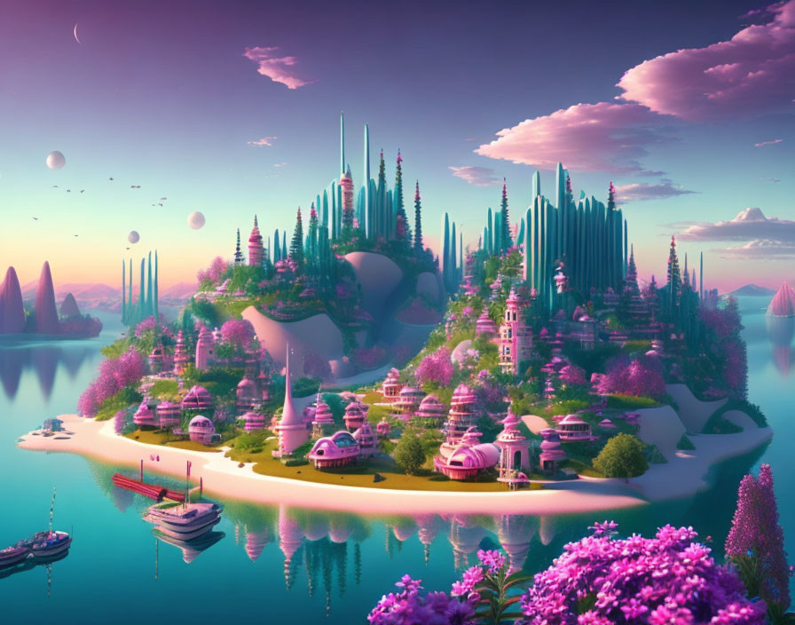 Fantastical landscape with futuristic architecture and floating islands