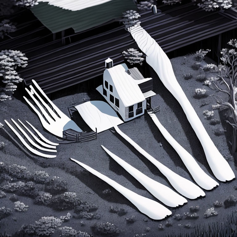 Monochrome surreal illustration of house with elongated shadow hands in a dreamy landscape