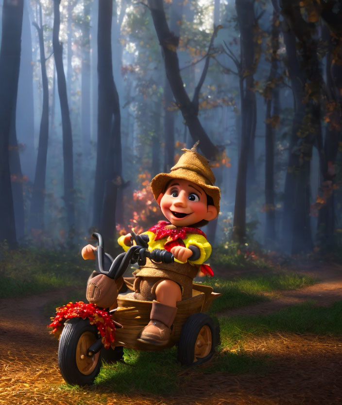 Yellow-shirted animated character on trike in autumn forest