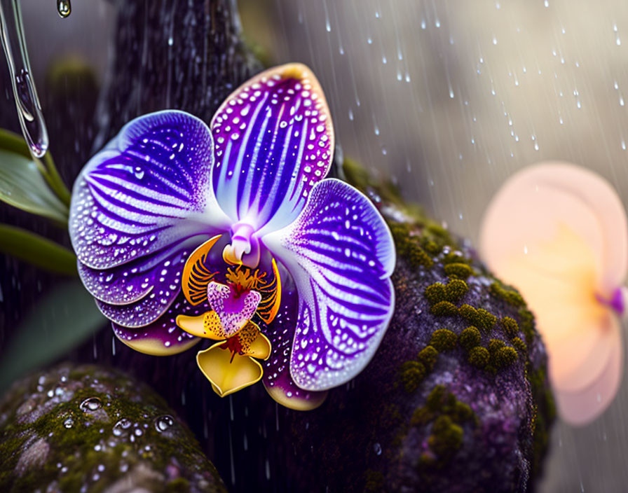 Vibrant Purple and Yellow Orchid with Water Droplets and Blurred Rainy Background