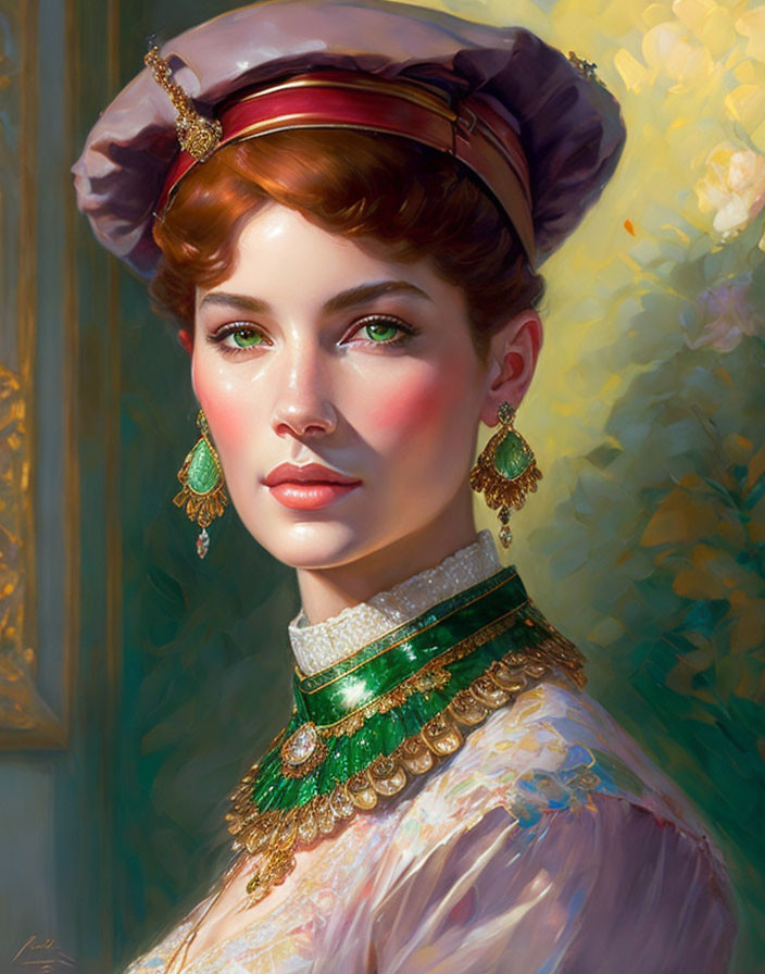 Digital painting of woman in purple hat and green jewelry on soft background