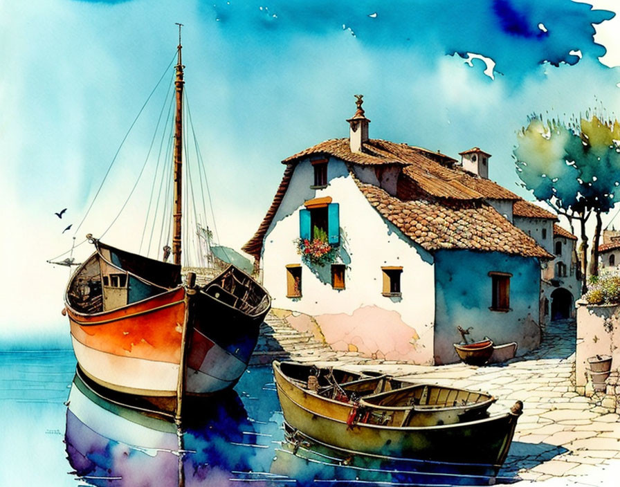 Serene coastal scene with boats and Mediterranean-style houses