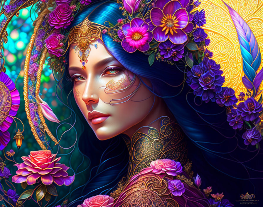 Vibrant image: Woman with blue skin, golden jewelry, flowers, and patterns