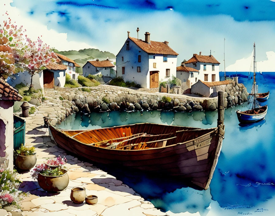 Serene Coastal Village Watercolor Painting