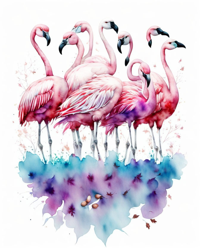 Pink flamingos with reflections in watercolor blues and purples.