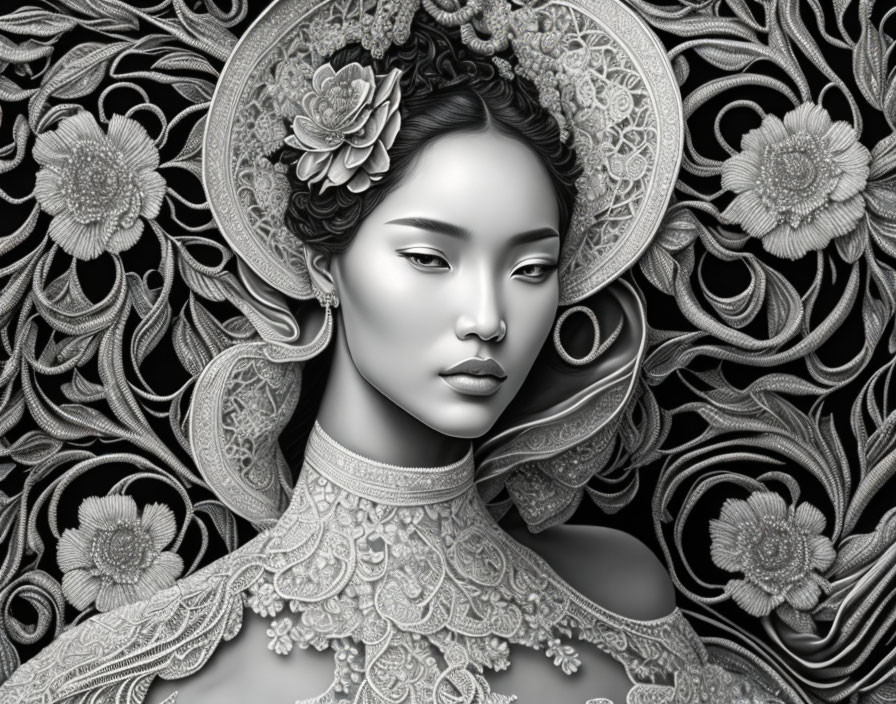 Monochromatic image of woman with floral patterns and lace details