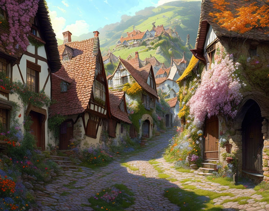 Medieval village: cobblestone paths, thatch-roofed houses, blossoming flowers