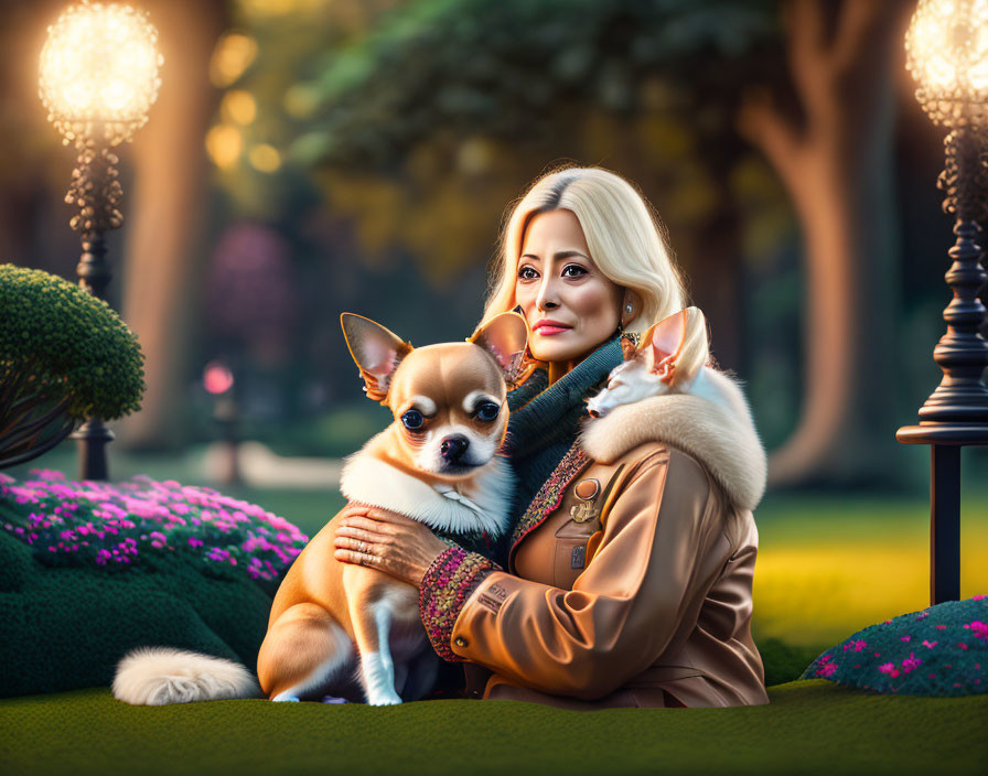 Stylish woman with Chihuahua in ornate garden at golden hour