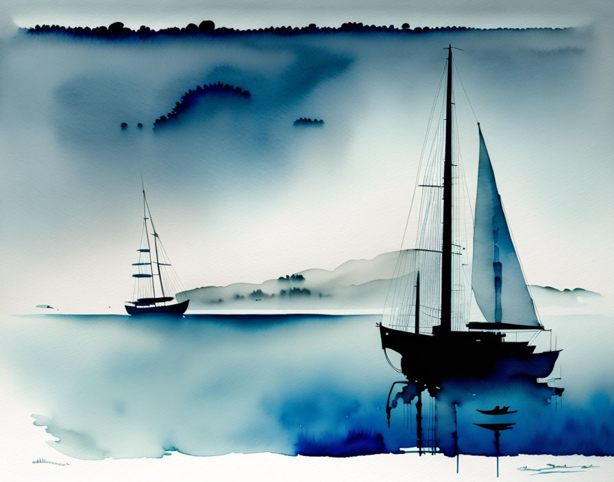 Tranquil watercolor painting of sailboats on calm sea