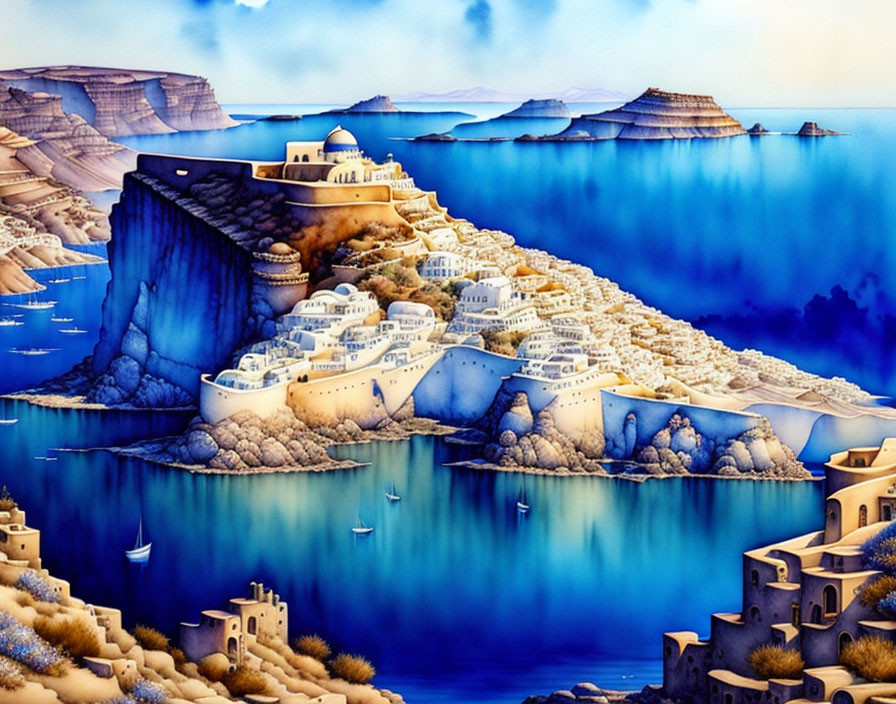 Vibrant Cliffside Mediterranean Village Painting with Blue Sea