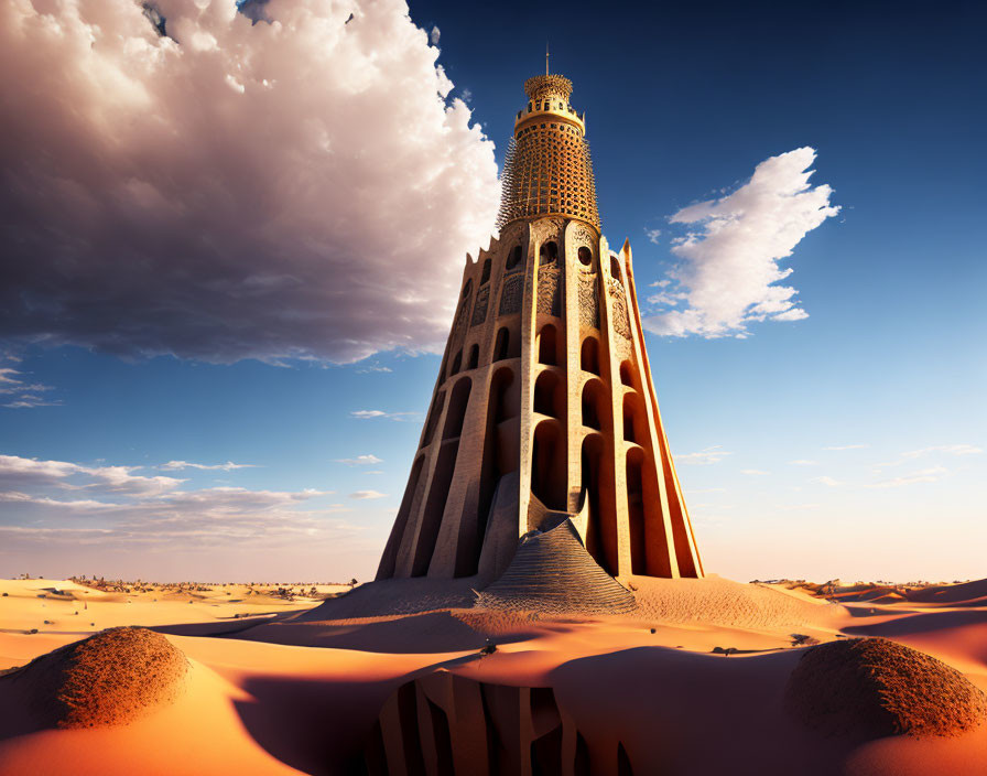 Futuristic honeycomb tower in desert landscape